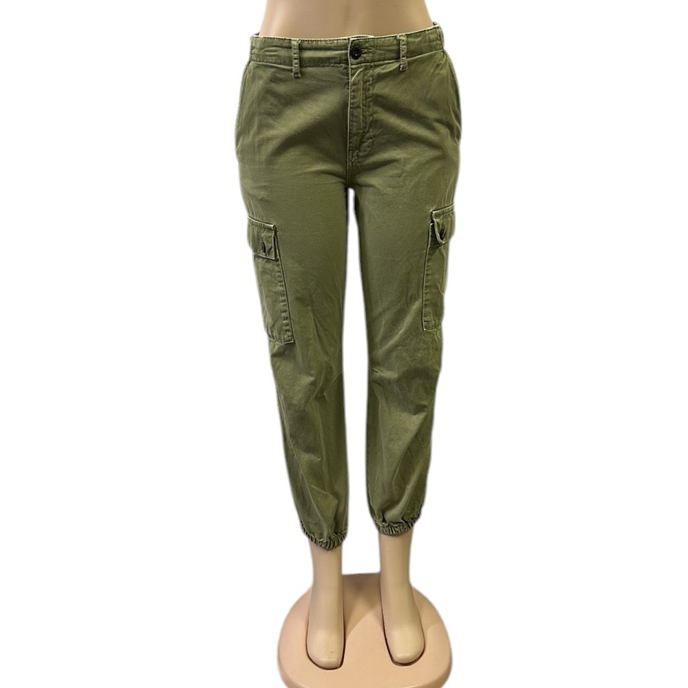 Zara Forest Green Khaki Button Cargo High Rise Jogger Hiking Pants Womens 4